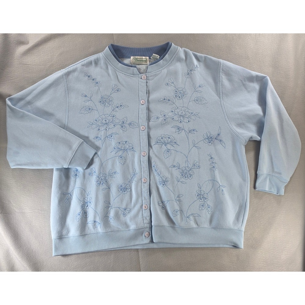 Vintage Cottagecore Floral Embroidered Cardigan 3X Blue Coastal Grandmother Soft